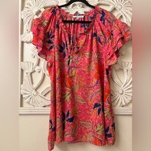 Vibrant Bright Colorful Floral Blouse with Ruffled Sleeves • 2X